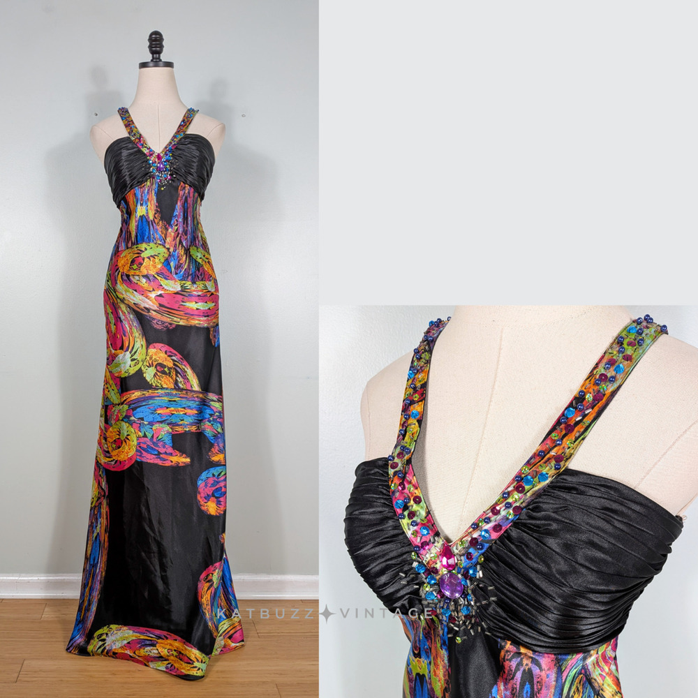 Vintage Prom Dress Maxi Gown 4 Black Multi Y2K Rhinestone Satin Glam 2000S Bead
